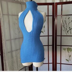 Blue Ribbed Halter Neck Sweater Dress